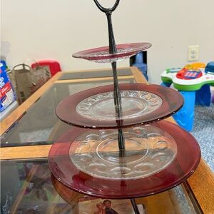 Vintage Ruby Cranberry Red Glass 3 Tier Tea Cake Server Stand Mid Century